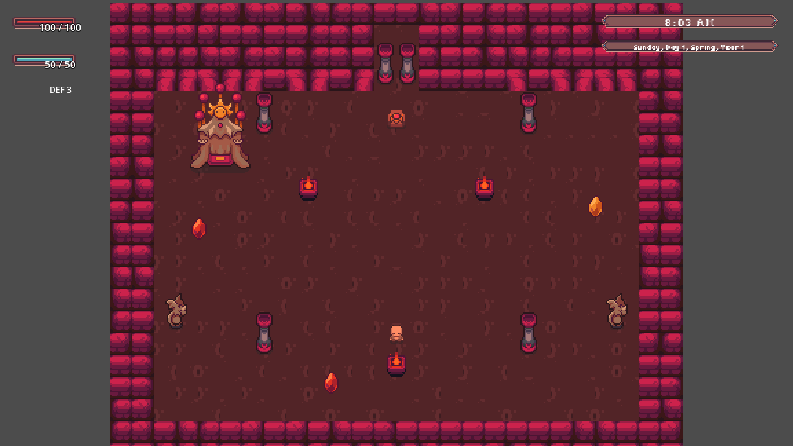 A red stone hall lit by braziers, the entrance chamber of the fire cave