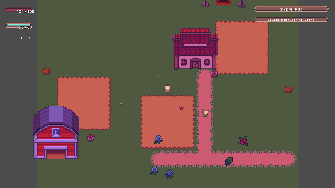 A farm tinted deep purple by blight, with the farmer and a villager still in normal colour