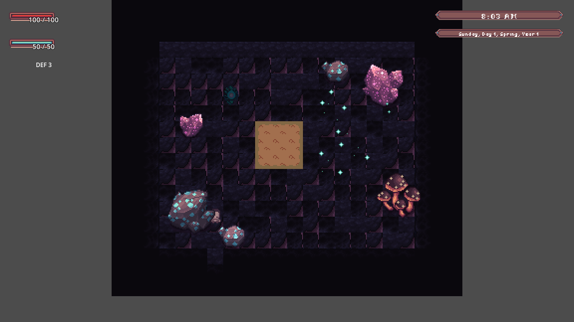 A dark cave chamber with nine tilled squares in the centre, ringed by glowing crystals