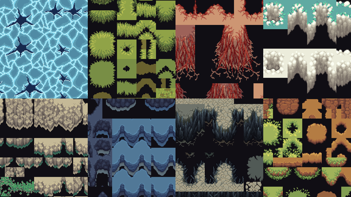 A grid of eight pixel-art tile sheets: cracked ice, swamp grass, red-veined cursed ground, floating island cliffs, rocky highlands, blue seabed, black undead thorns, and green grassland
