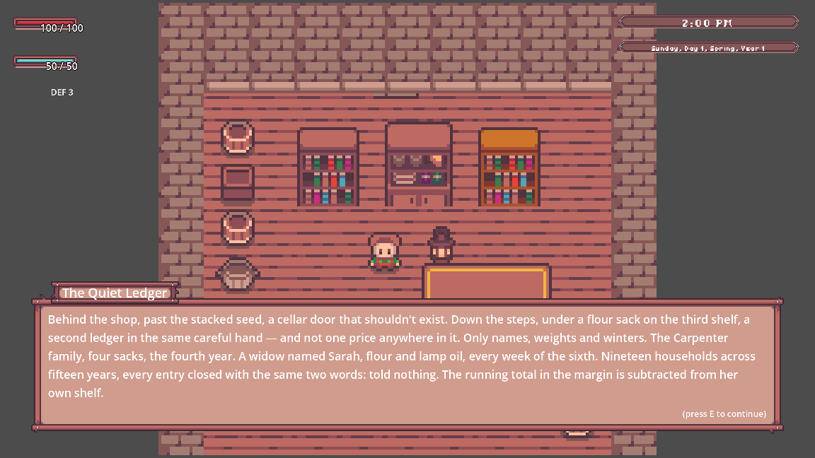 A pixel-art general store interior with the shopkeeper standing behind her counter, and a dialogue box titled The Quiet Ledger describing a hidden cellar