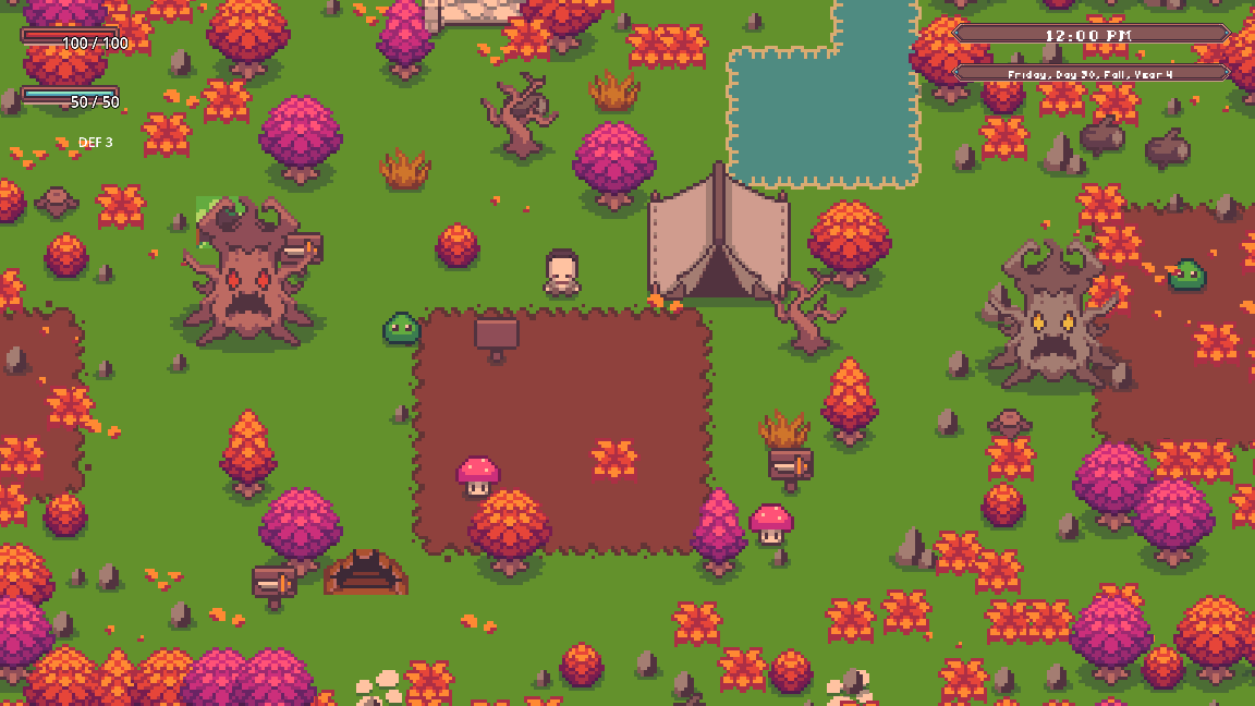 A pixel-art forest in autumn, orange and pink canopies edge to edge, with two dark gnarled trees among them wearing cursed faces and glowing eyes