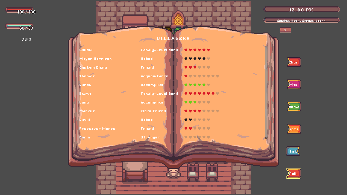 The in-game villagers page — an open book listing ten villagers, each with a row of red, black or green hearts